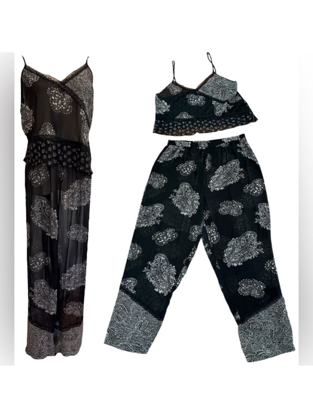 90s 2PC DELICATES BOHO SHEER BLK & CREAM PAISLEY CROP TOP & WIDE LEG PANT SZ XL - Picture 1 of 16